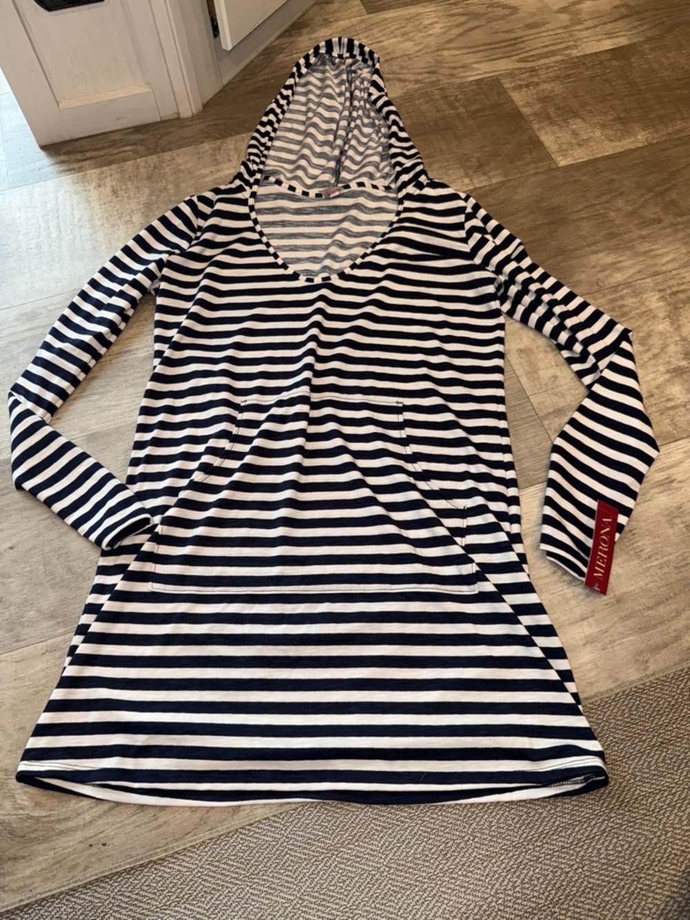 Merona Navy & White Striped Hooded Swim Tunic